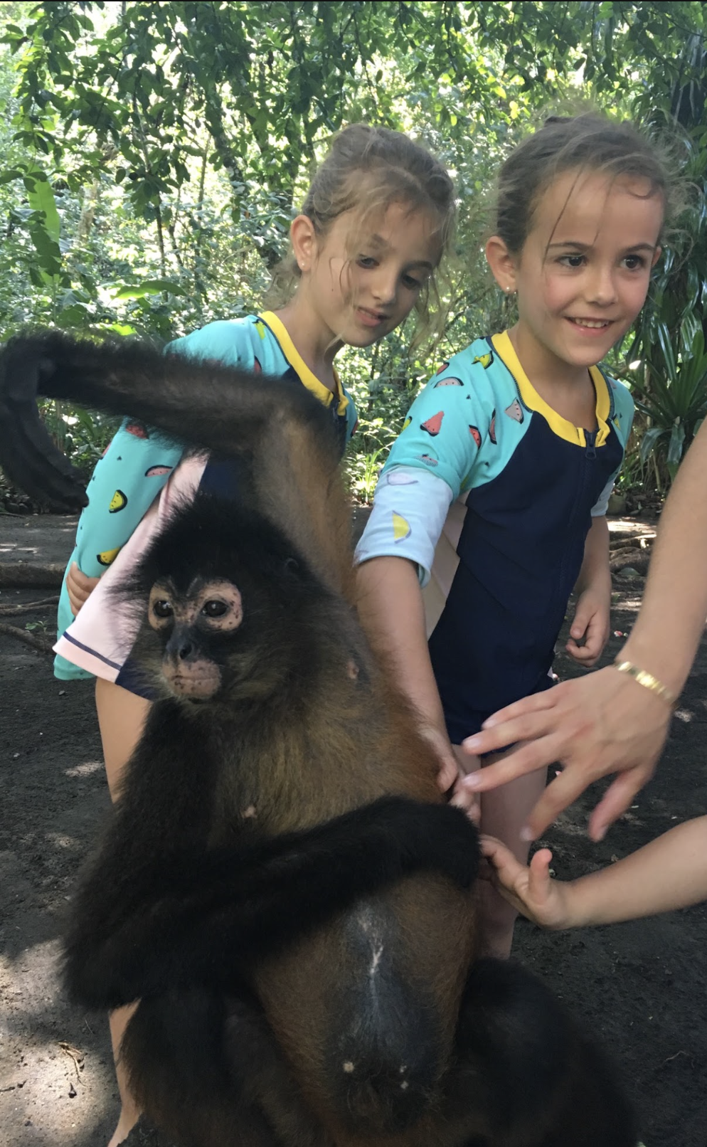 Clara as a child meeting a rescued spider monkey at La Osa Wildlife Sanctuary